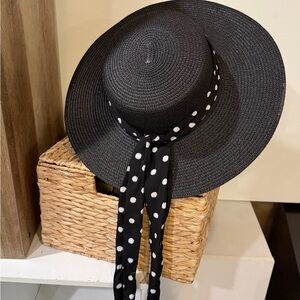 Black Wide-Brim Straw Sun Hat with Polka Dot Ribbon - Vintage-Inspired